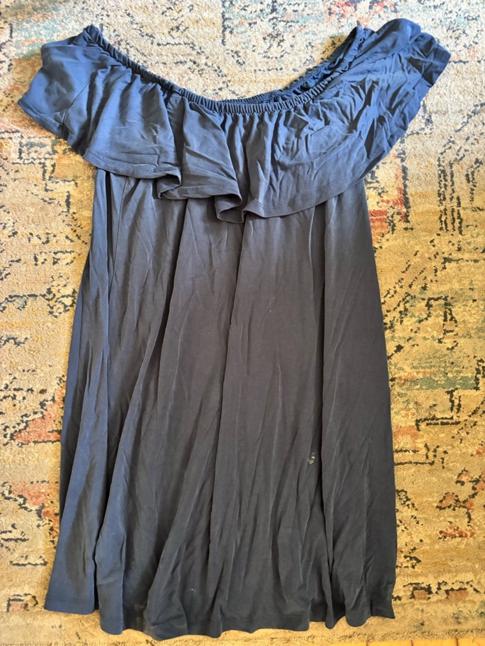 Off-Shoulder Ruffle Dress - Navy Blue